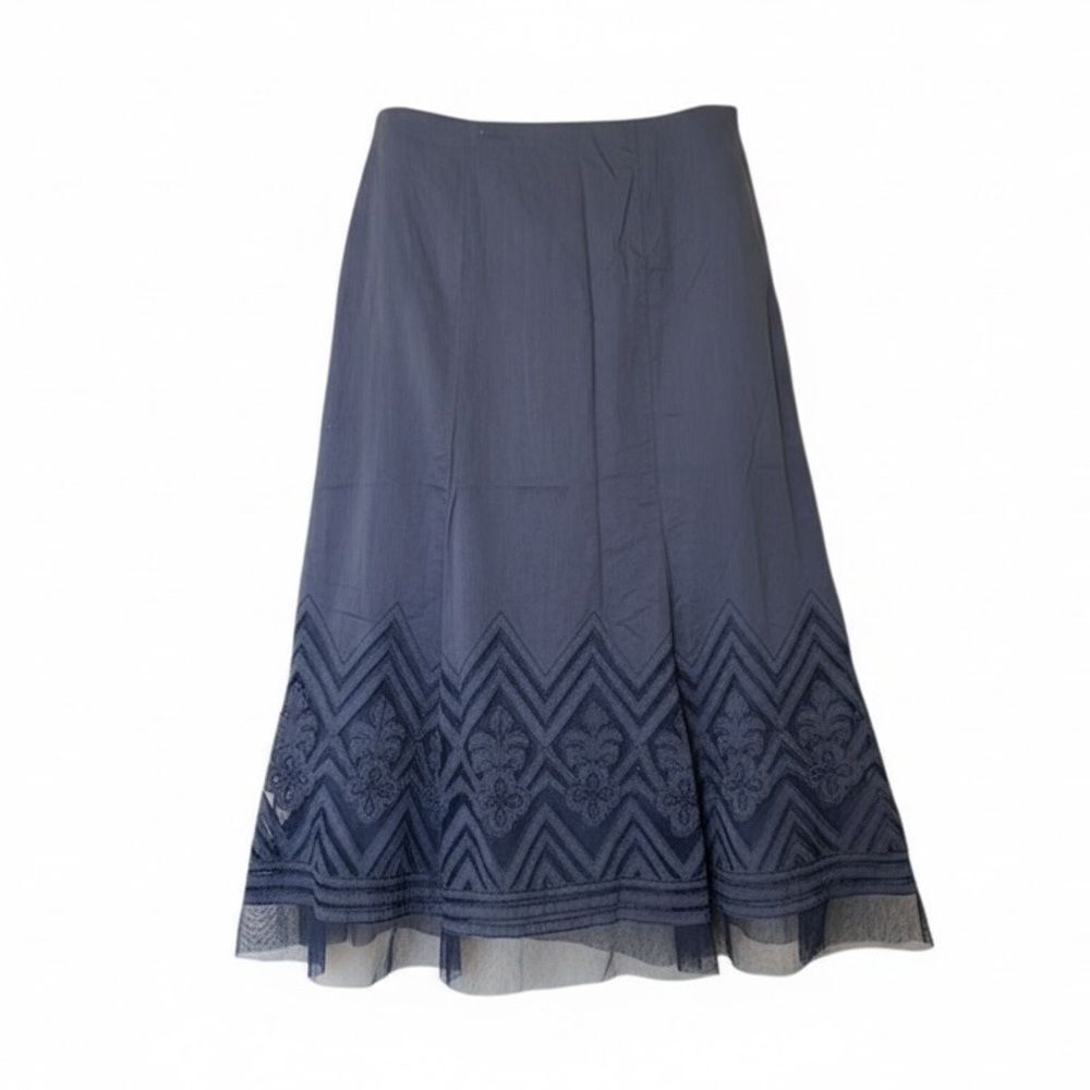 Nine West Embroidered Lined Appliqué Tulle Trim Long‎ Skirt Blue Size 4P